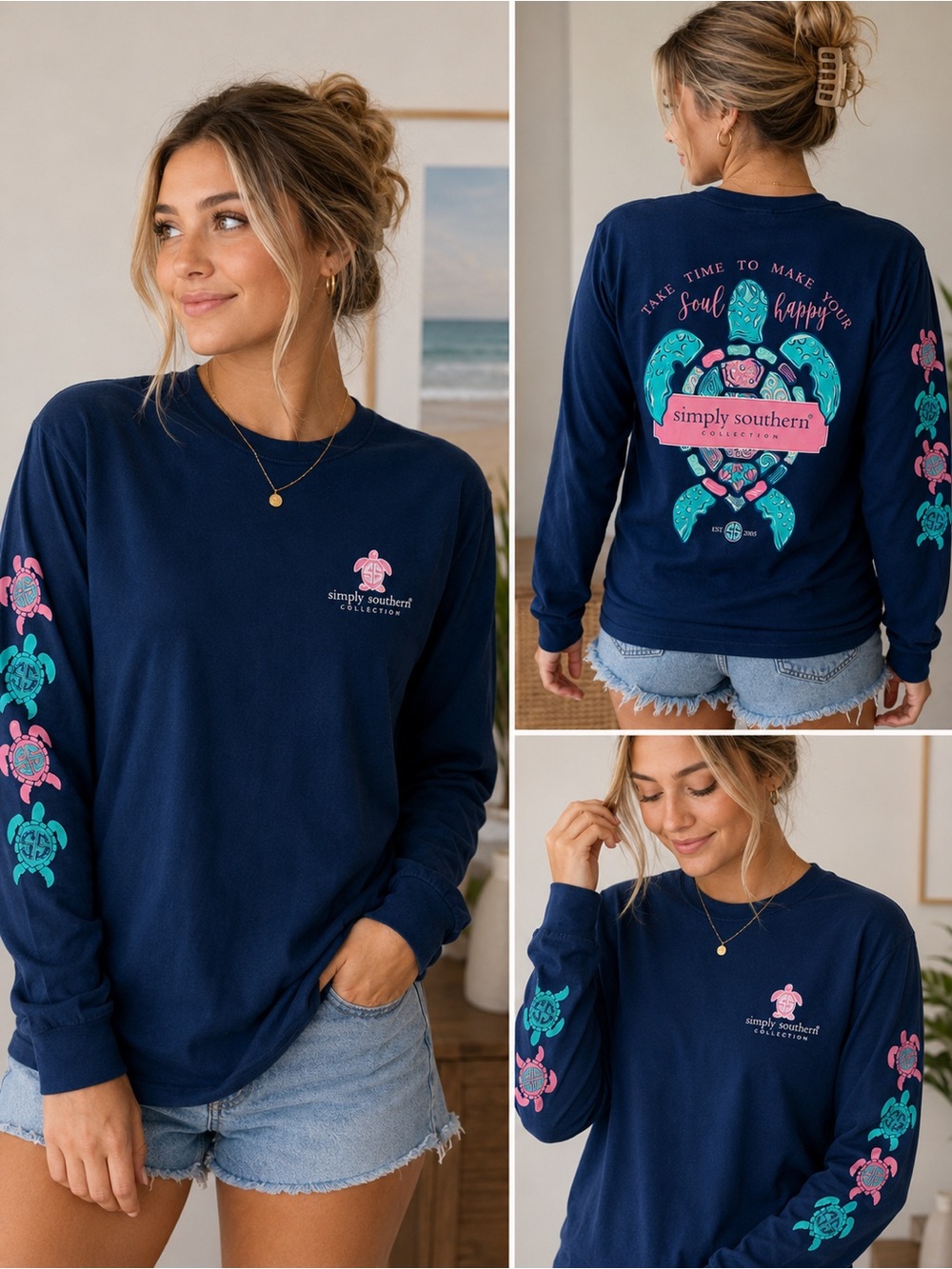 Simply Southern Navy Long Sleeve Tee with Pink & Teal Turtle Graphics